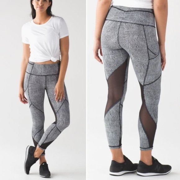 lululemon athletica Pants - Lululemon Outrun Tight Fall Net White Black Side Pocket Workout Ankle Crop